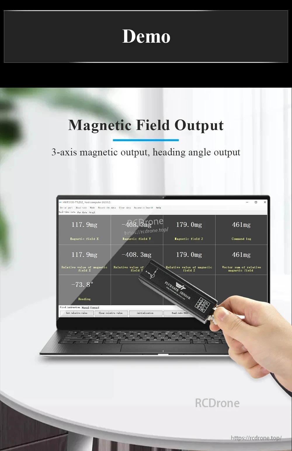 Magnetic field output demo with sensor in hand and PC dashboard displaying 3-axis magnetic readings and heading