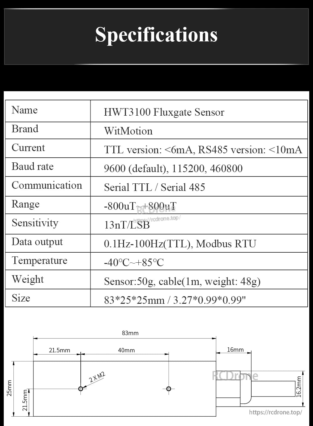 Specifications table and mechanical dimensions for WitMotion HWT3100-485, including size 83×25×25 mm and range ±800 µT