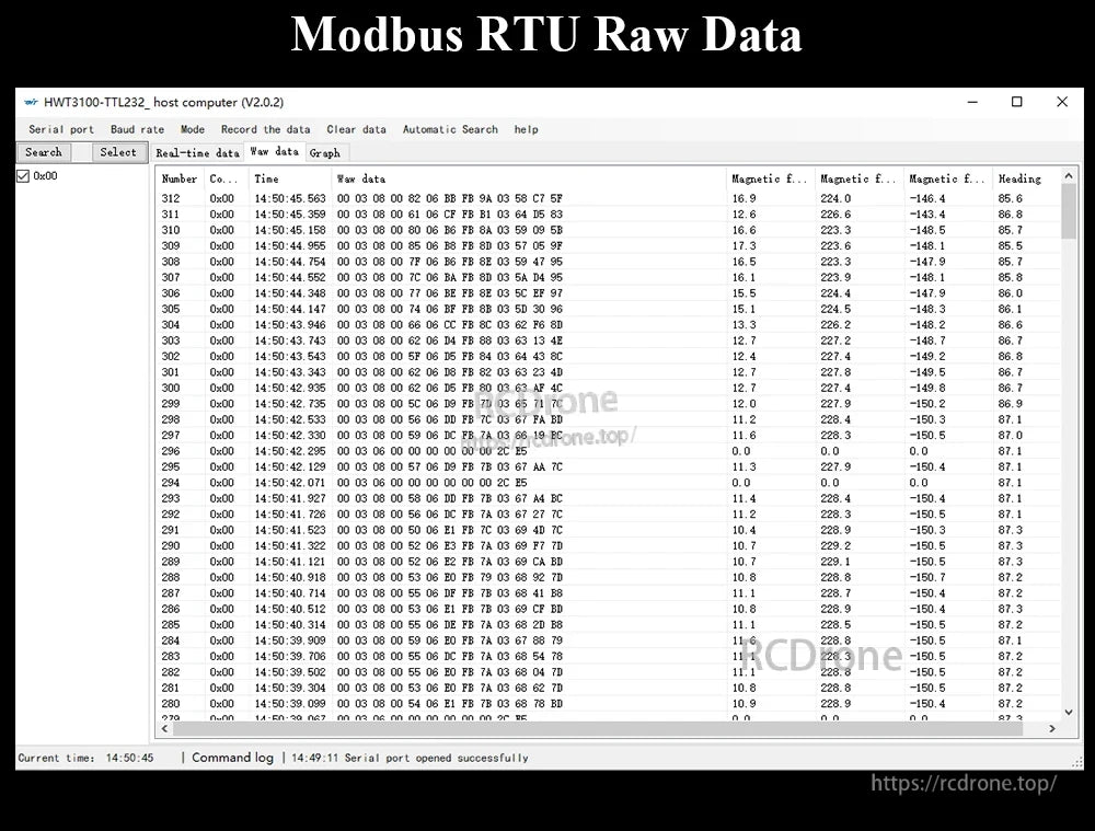 Modbus RTU raw data screenshot showing register-style output table for magnetic field readings and heading values