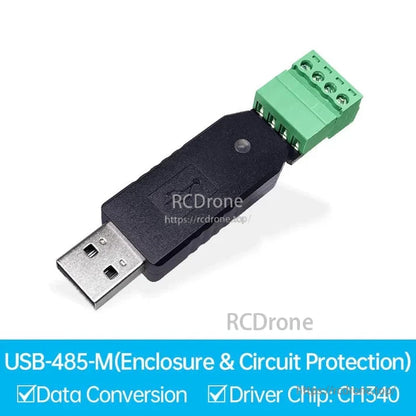 USB-485-M with CH340 chip, data conversion, enclosure and circuit protection.