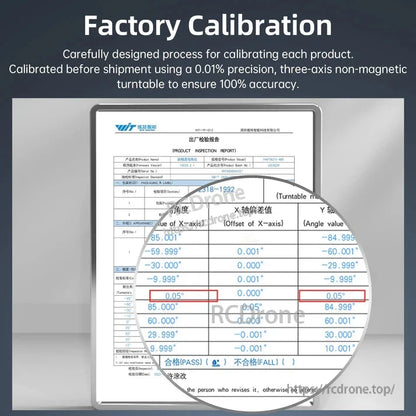 Factory calibration ensures 100% accuracy with 0.01% precision using a three-axis non-magnetic turntable, with inspection reports showing minimal deviations and pass status confirmed.