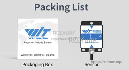 WitMotion HWT601-AGV-485 IMU: 6-axis sensor, RS485 Modbus, IP67, 200 Hz, ROS/Matlab support, includes packaging and sensor.