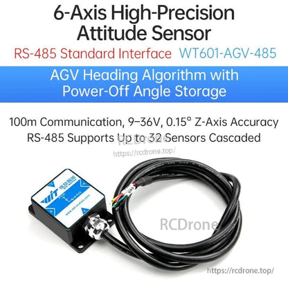 High-precision 6-axis sensor with RS-485, 100m range, 9–36V, 0.15° Z-axis accuracy, supports 32 cascaded units, AGV heading algorithm, and power-off angle storage.