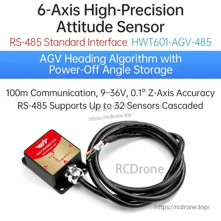 The HWT601-AGV-485 is a 6-axis high-precision sensor with RS-485, AGV heading algorithm, 0.1° Z-axis accuracy, IP67 protection, 200Hz update rate, ROS/Matlab compatibility, and supports cascading up to 32 units.