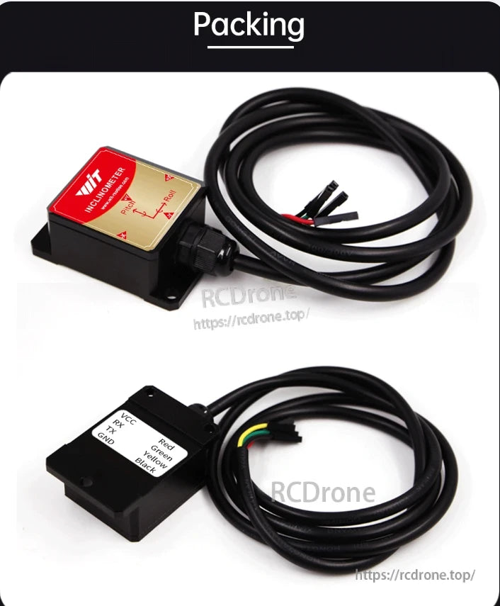 WitMotion HWT905 AHRS inclinometer, featuring labeled wiring and packaging.
