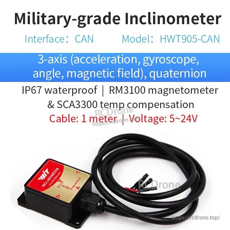 Military-grade HWT905-CAN inclinometer: CAN interface, 3-axis sensors, quaternion output, IP67 waterproof, RM3100 magnetometer, SCA3300 temp compensation, 1m cable, 5–24V voltage.
