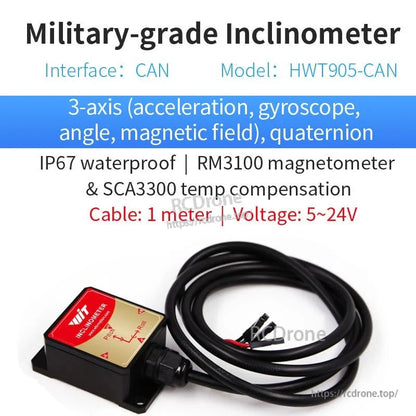 Military-grade HWT905-CAN inclinometer: CAN interface, 3-axis sensors, quaternion output, IP67 waterproof, RM3100 magnetometer, SCA3300 temp compensation, 1m cable, 5–24V voltage.