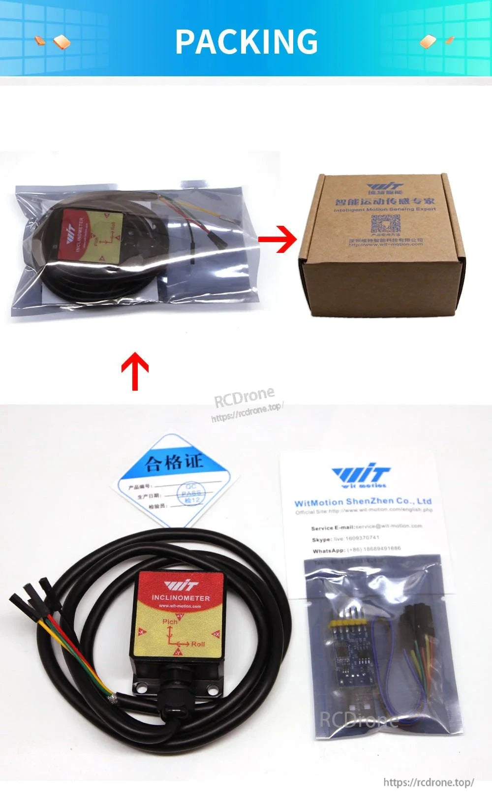 The WitMotion HWT905 inclinometer features IP67 protection, supports RS232/RS485/CAN, 0.2–200 Hz, includes sensor, cable, accessories, certification, and displays brand logo and product details.