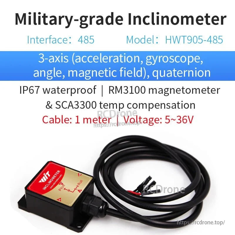 Military-grade HWT905-485 inclinometer: 3-axis sensor with quaternion output, IP67 waterproof, RM3100 magnetometer, SCA3300 temperature compensation, 1-meter cable, 5–36V, RS485 interface.