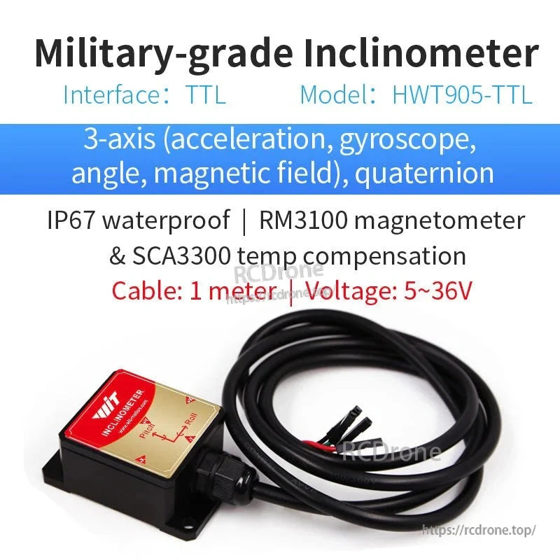 Military-grade HWT905-TTL inclinometer with 3-axis sensor, quaternion output, IP67 waterproofing, RM3100 magnetometer, SCA3300 temperature compensation, 1-meter cable, 5–36V operation.
