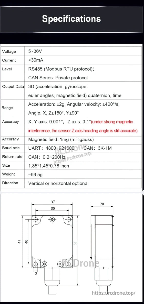 The WitMotion HWT9053-485 AHRS sensor operates on 5-36V, draws <30mA, supports RS485/CAN, provides 3D data, ±2g acceleration, ±400°/s angular velocity, high accuracy, compact size, ~96.5g, mountable vertically/horizontally.