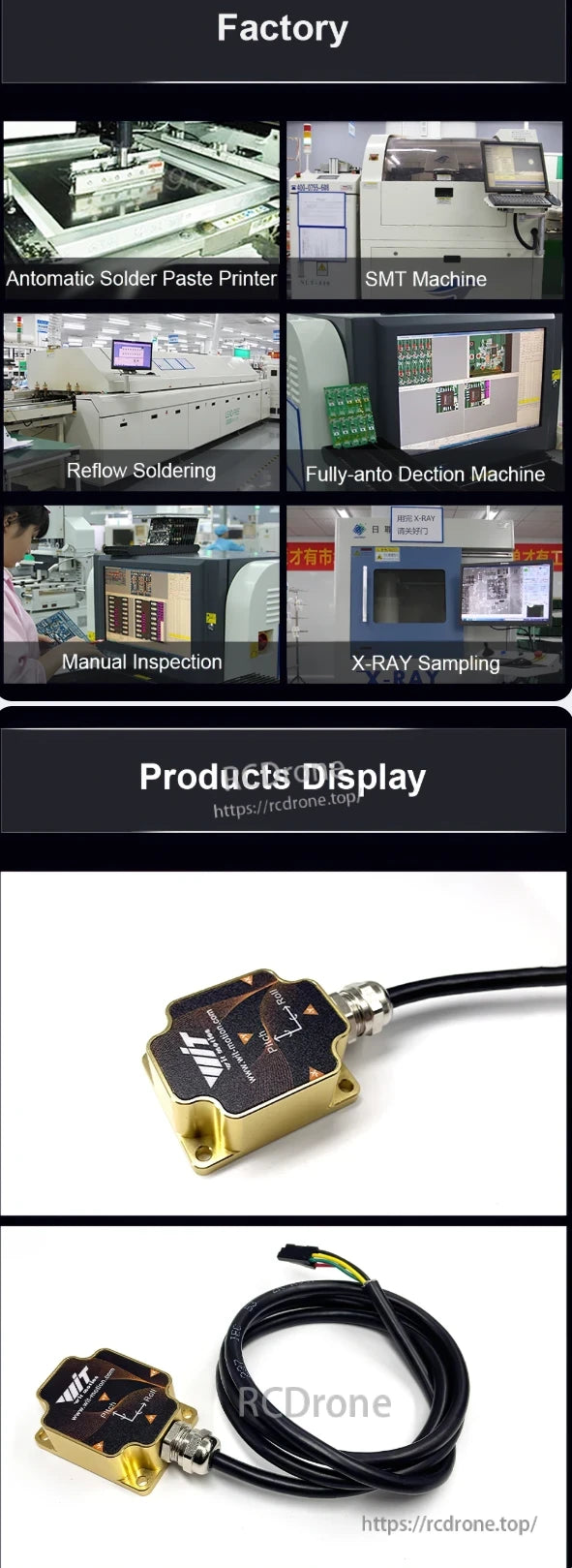 WitMotion HWT9053-485 AHRS sensor produced with advanced factory equipment including SMT, soldering, inspection, and X-ray sampling.