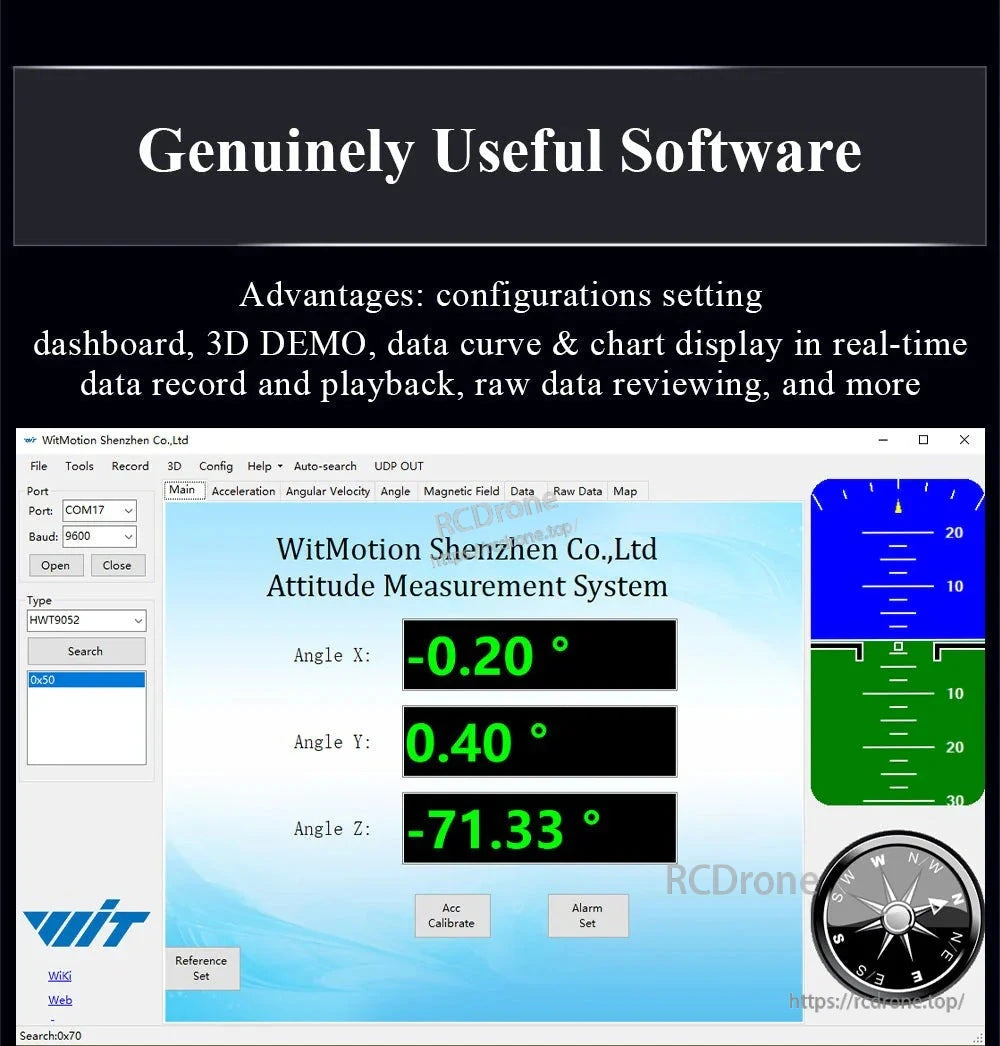 WitMotion's system shows real-time X, Y, Z angles with a dashboard, 3D demo, curves, and settings for accurate motion tracking.
