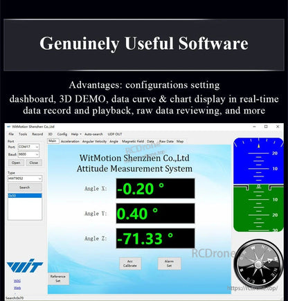 WitMotion's system shows real-time X, Y, Z angles with a dashboard, 3D demo, curves, and settings for accurate motion tracking.