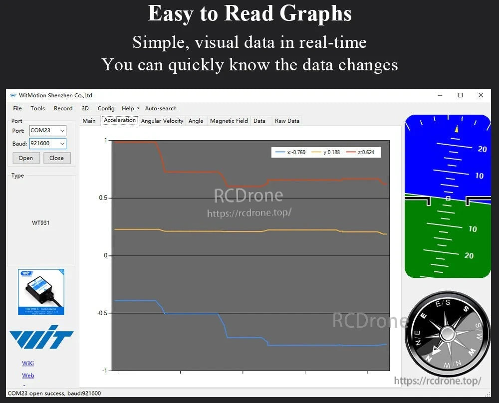 WitMotion HWT906 9-Axis Attitude Angle Sensor, WitMotion software shows real-time acceleration data with x, y, z graphs. It includes COM port settings, baud rate configuration, and a compass interface for sensor monitoring.