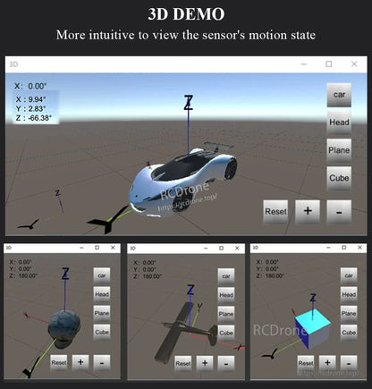 WitMotion HWT906 9-Axis Attitude Angle Sensor, The 3D demo visualizes motion states of car, head, plane, and cube models with X, Y, Z angles, reset/zoom controls, and a 1000 Hz temperature-compensated 9-axis sensor.