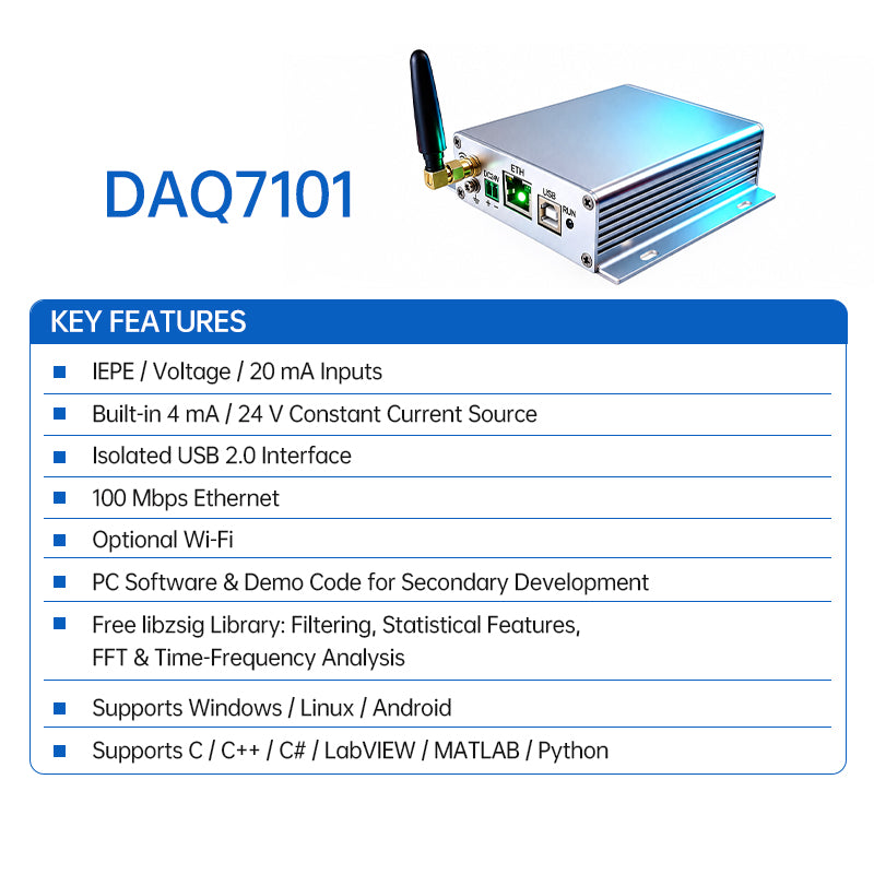 DAQ7101 IEPE/voltage/20 mA input data acquisition unit with USB 2.0, Ethernet, and optional Wi‑Fi