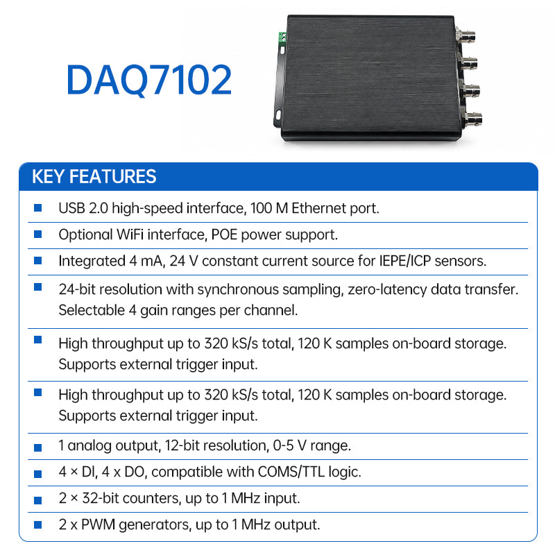 DAQ7102 data acquisition module for IEPE/ICP sensors with USB 2.0 and 100M Ethernet connectivity