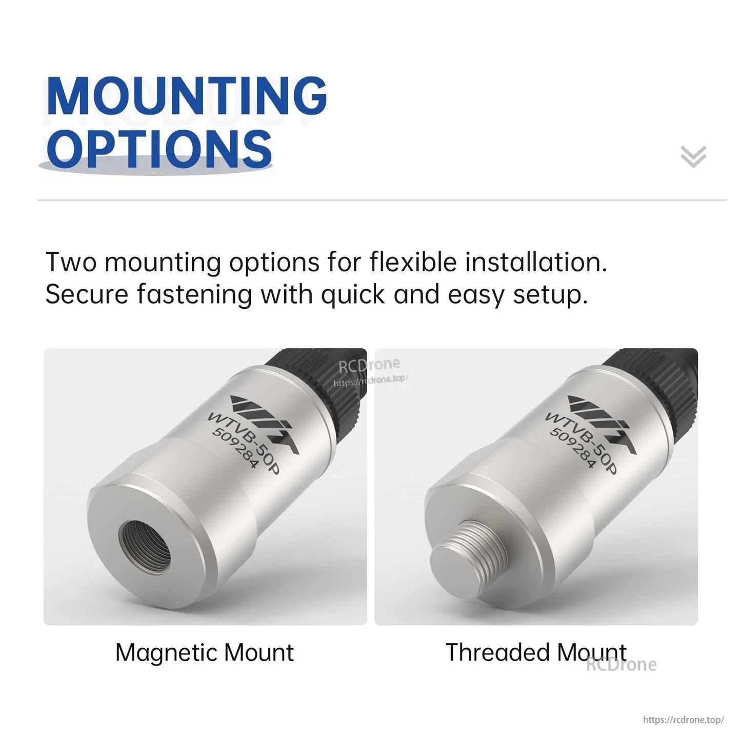 Mounting options graphic showing magnetic mount and threaded mount for WTVB-50P sensor