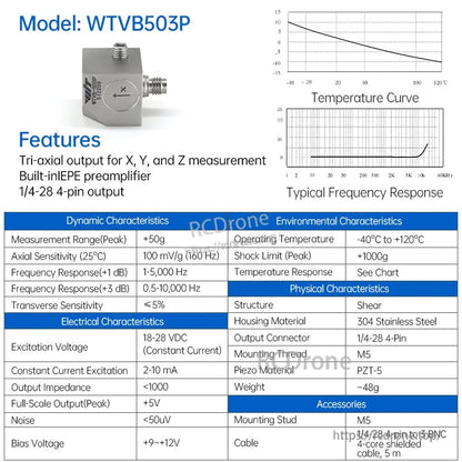 WTVB503P vibration sensor datasheet with features list and temperature and frequency response graphs