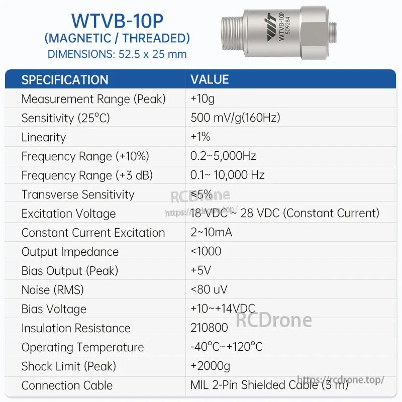 WTVB-10P IEPE vibration sensor specifications table with dimensions 52.5 x 25 mm