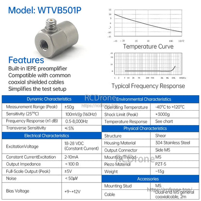 WTVB501P vibration sensor datasheet with features list and temperature and frequency response graphs