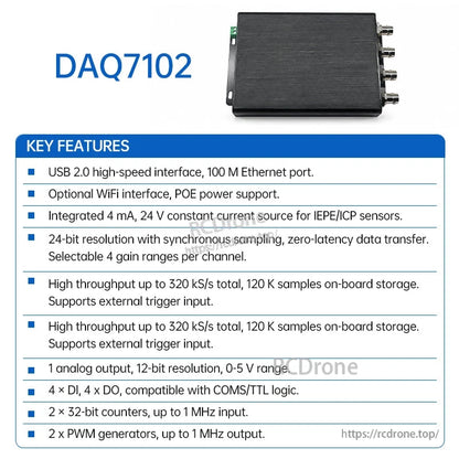 DAQ7102 data acquisition module key features list with USB 2.0, Ethernet, and constant current source