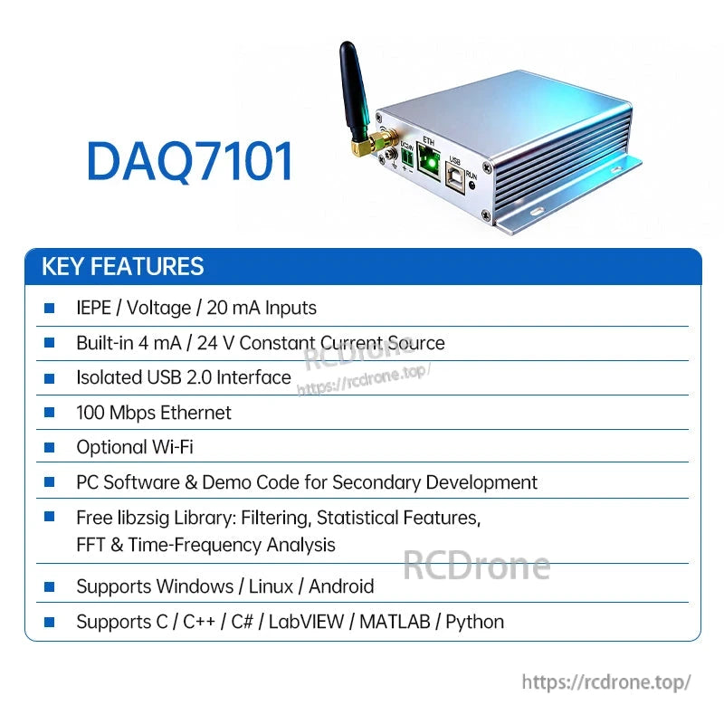 DAQ7101 data acquisition module key features list for IEPE/voltage/20 mA inputs with Wi‑Fi option