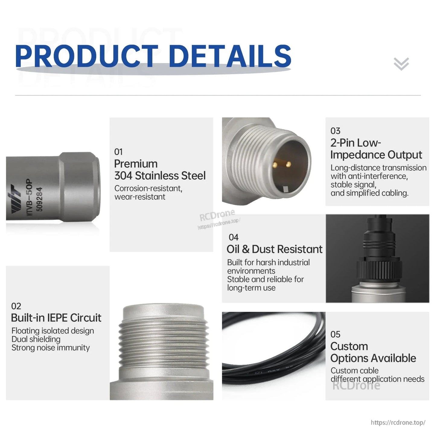 WitMotion IEPE vibration sensor product details showing 304 stainless steel body and 2-pin connector close-up