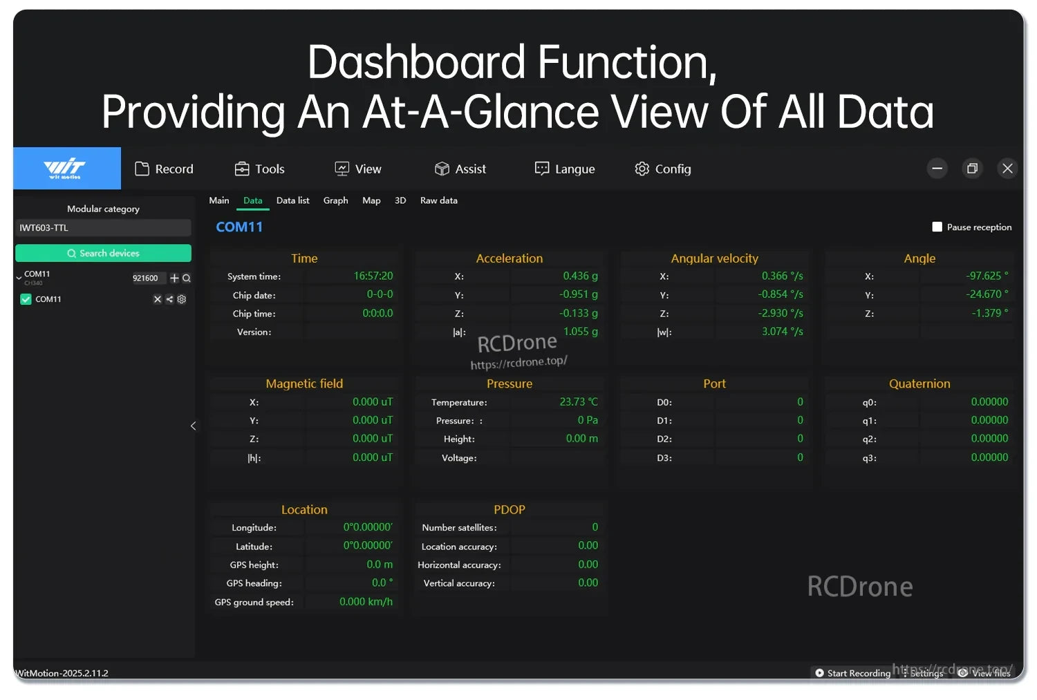 WitMotion software dashboard view with at-a-glance data fields for acceleration, angular velocity, angle and status