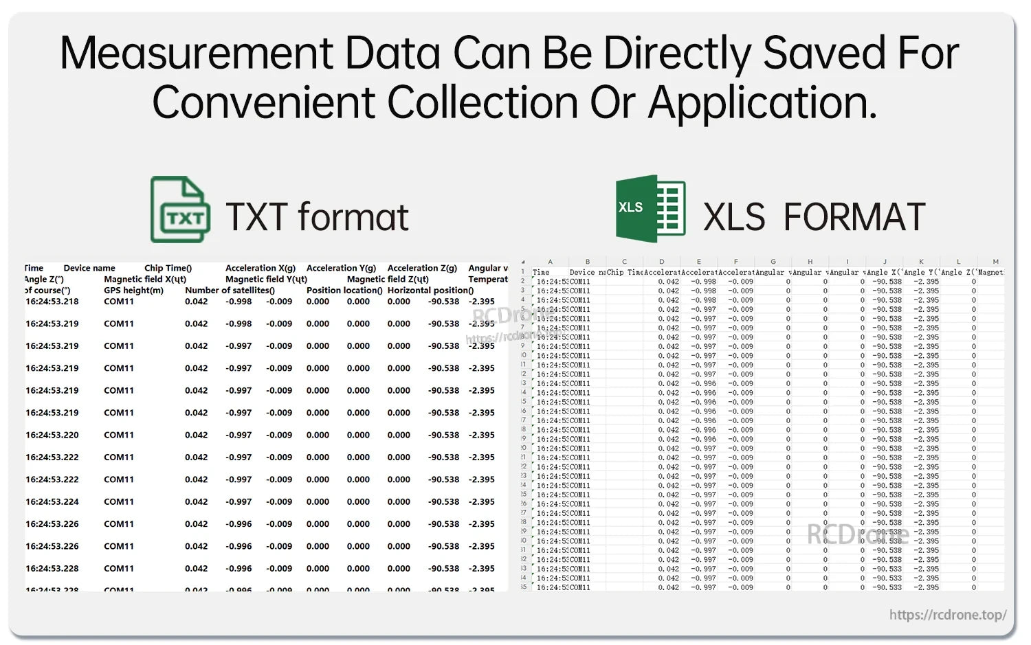 Data export formats screen indicating measurement data can be saved in TXT or XLS files