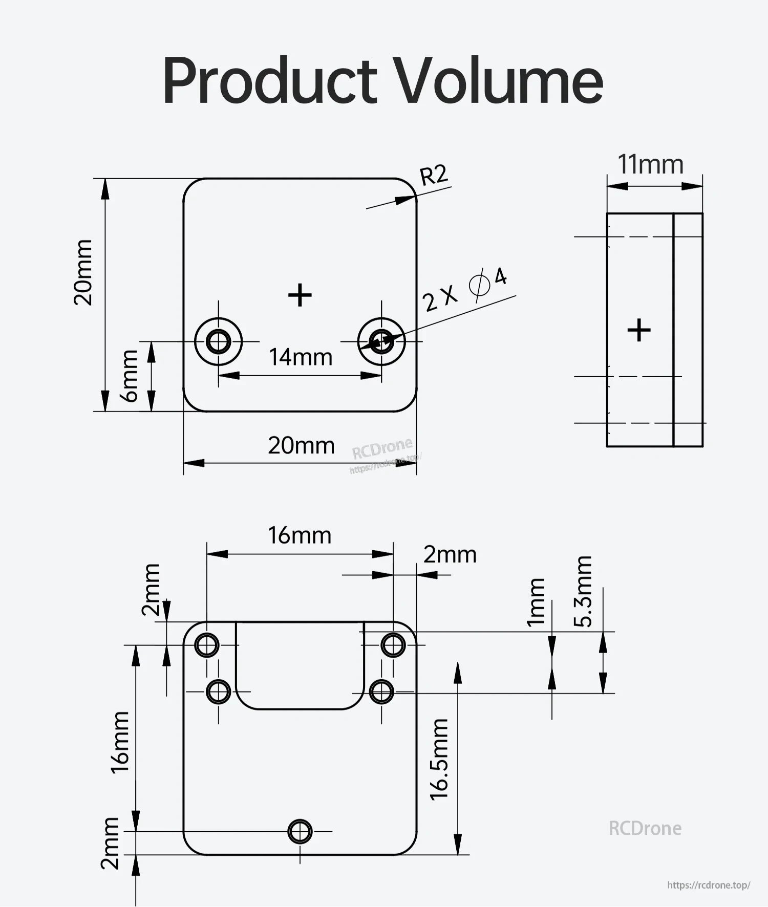 WitMotion IWT603 IMU sensor dimension drawing with 20×20 mm mounting outline, 11 mm thickness, and 14 mm hole spacing