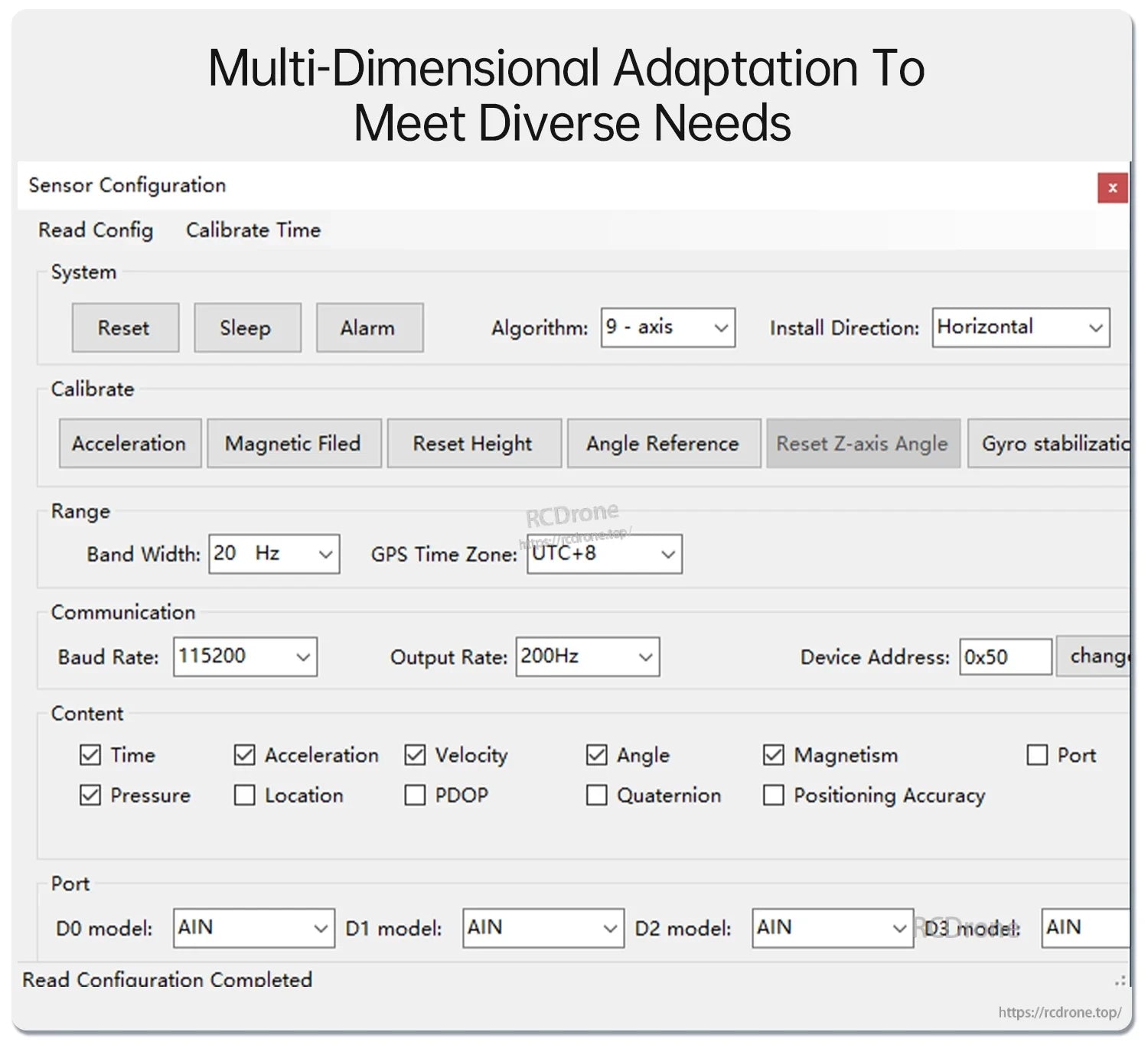 Sensor configuration window showing algorithm selection, install direction, baud rate, output rate and data options