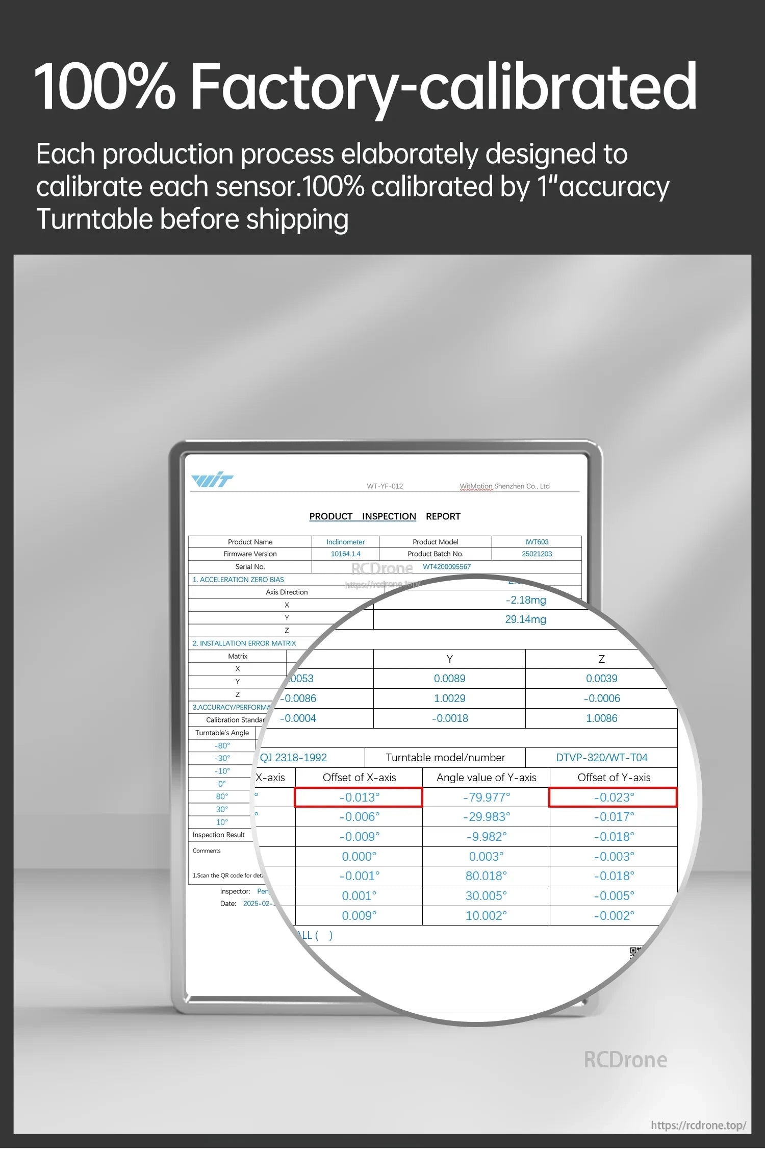 Factory calibration claim with product inspection report displayed, highlighting 100% calibrated before shipping