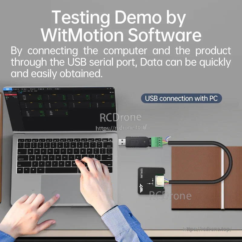 WitMotion IWT603 industrial-grade IMU sensor connected to a laptop via USB serial for software testing