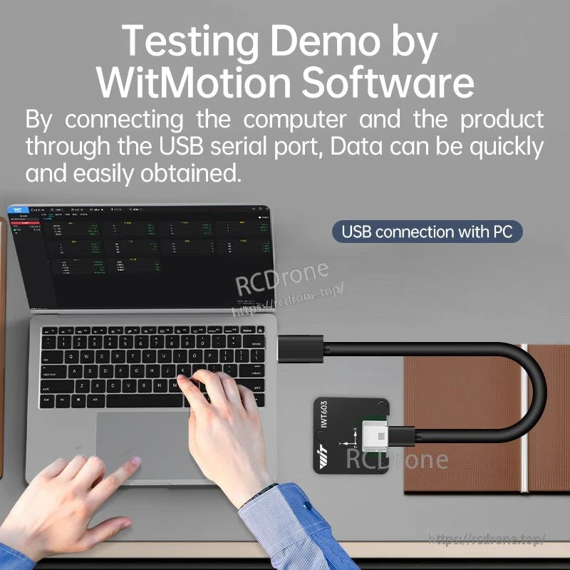 WitMotion IWT603 Industrial-Grade IMU Sensor USB serial testing demo connected to a laptop