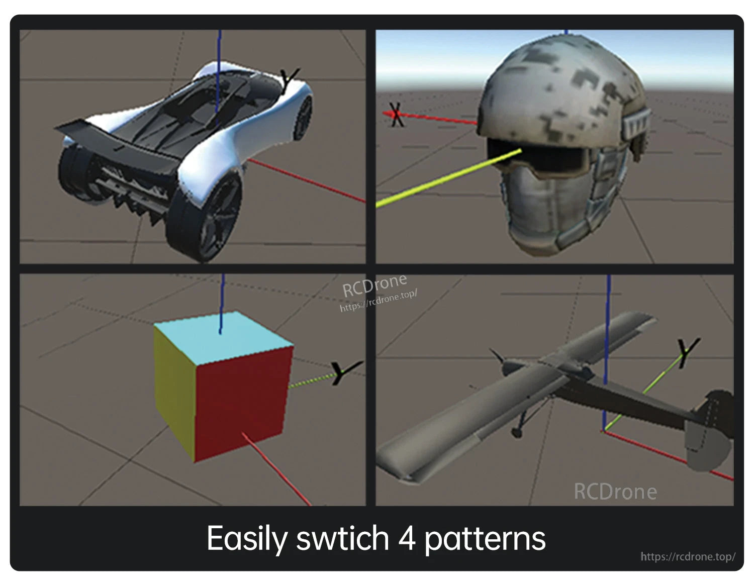 Software mode switching screen showing four patterns with 3D models and axis indicators