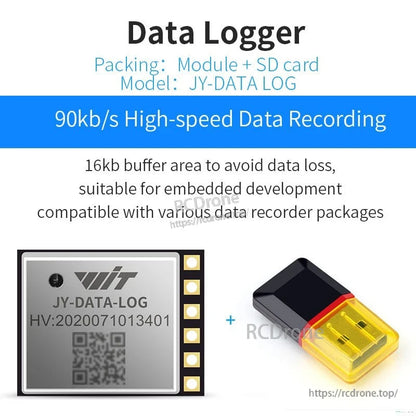 Serial data logger specification image with JY-DATA-LOG module and SD card reader, highlights 90kb/s and 16kb buffer