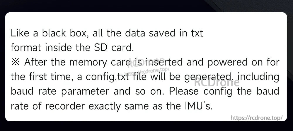 Text callout explaining black-box logging: serial data saved as TXT files on SD card with auto config.txt