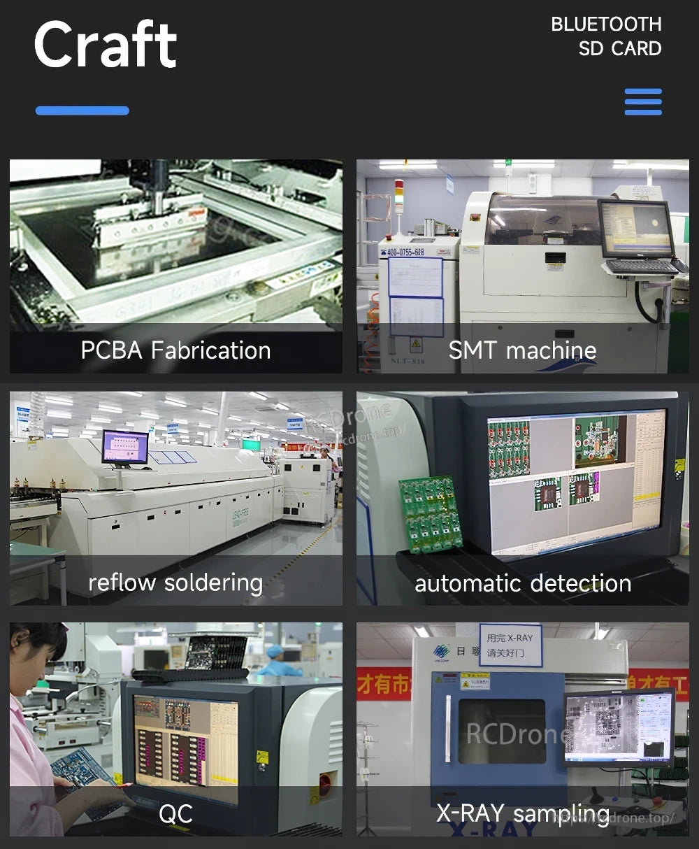 Manufacturing process collage: PCBA fabrication, SMT, reflow soldering, automatic inspection, QC, and X-ray sampling