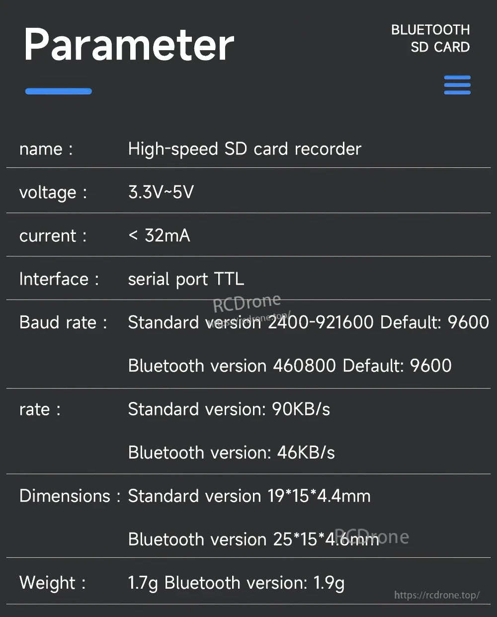 Parameter table for high-speed SD card recorder: 3.3–5V, TTL serial, <32mA, baud rates and data rates