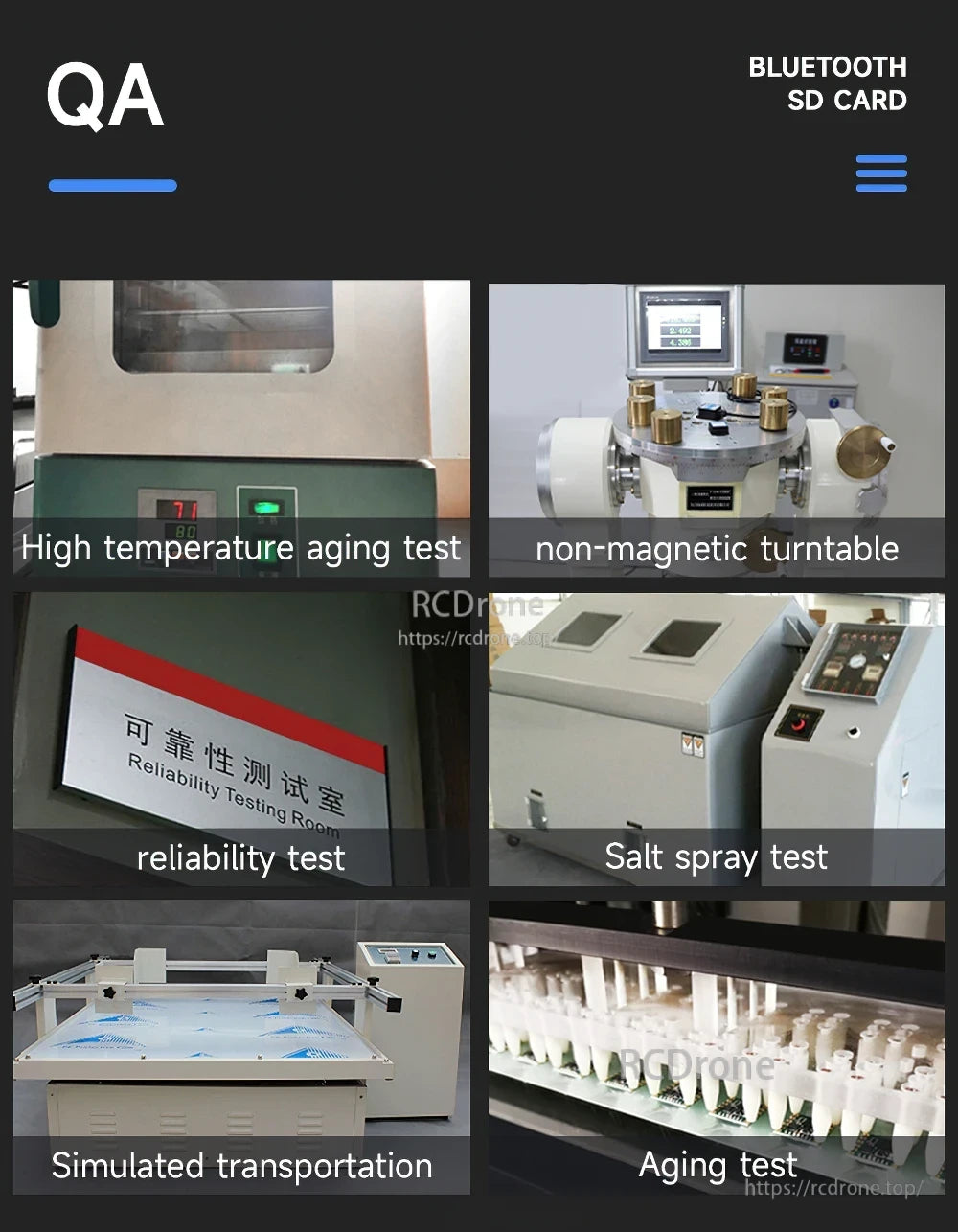 QA and reliability test montage including high-temperature aging, salt spray, simulated transport, and turntable testing