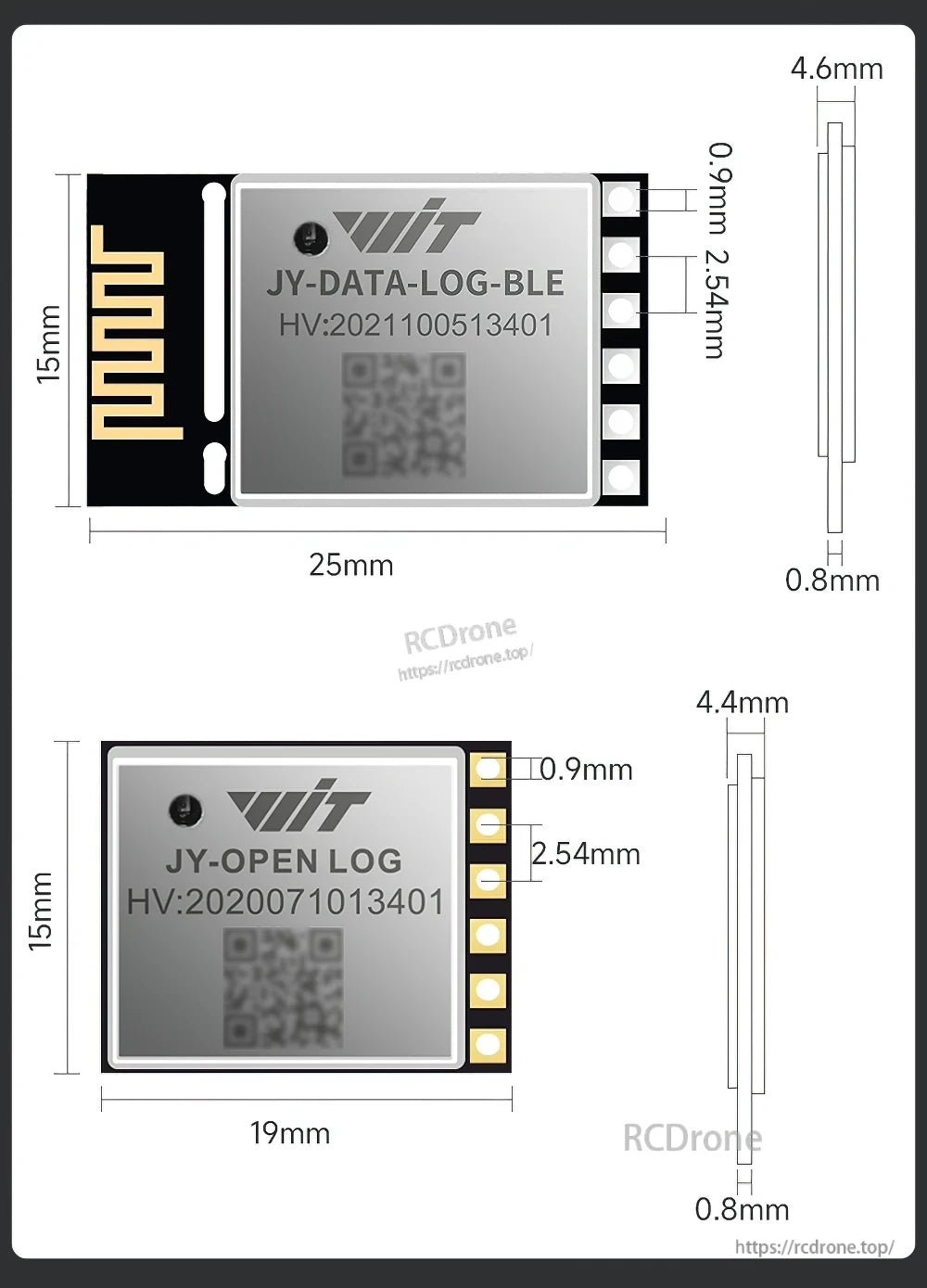 Mechanical dimensions for JY-DATA-LOG vs JY-DATA-LOG-BLE modules, including length, width, thickness, and pad pitch