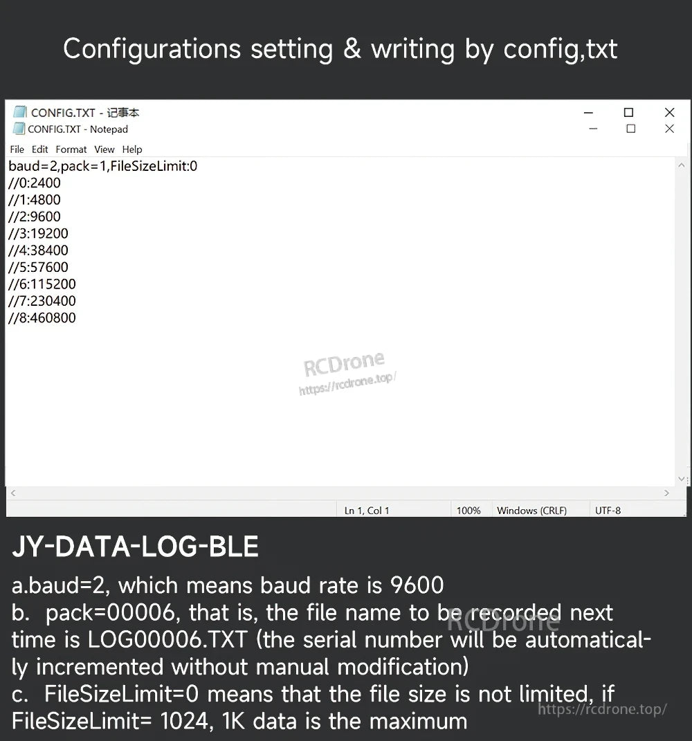 CONFIG.TXT example for setting baud rate, file pack number, and FileSizeLimit on the JY-DATA-LOG-BLE