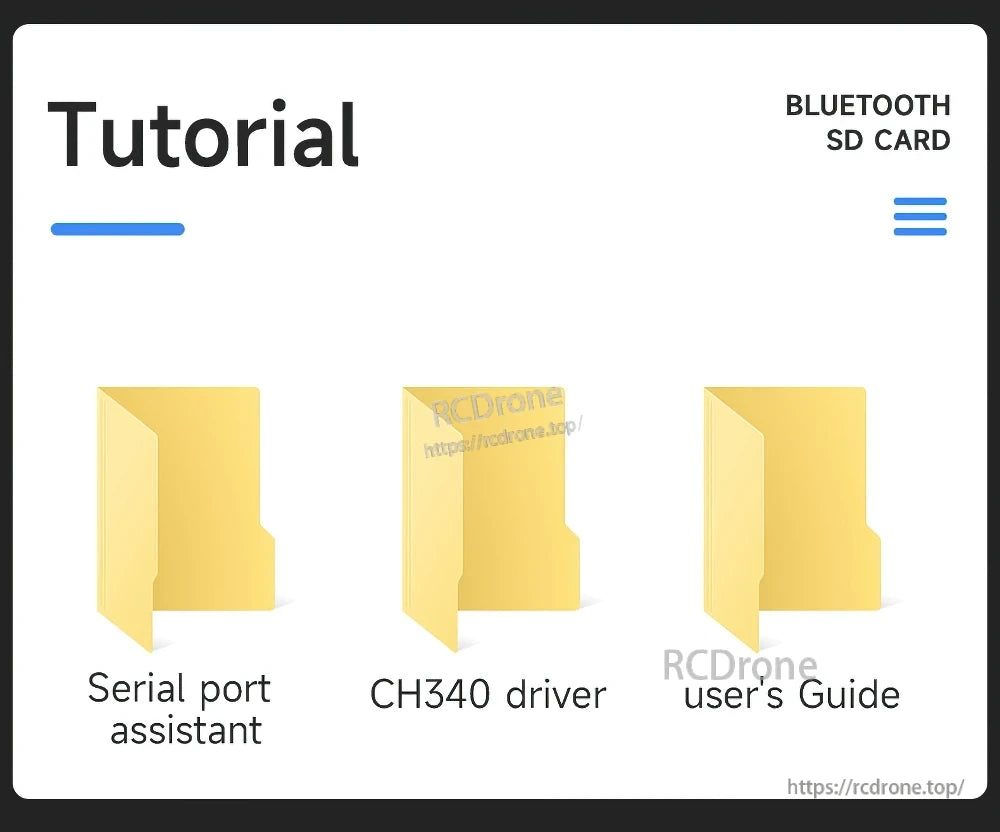 Download/tutorial menu listing serial port assistant, CH340 driver, and user guide for the SD card recorder