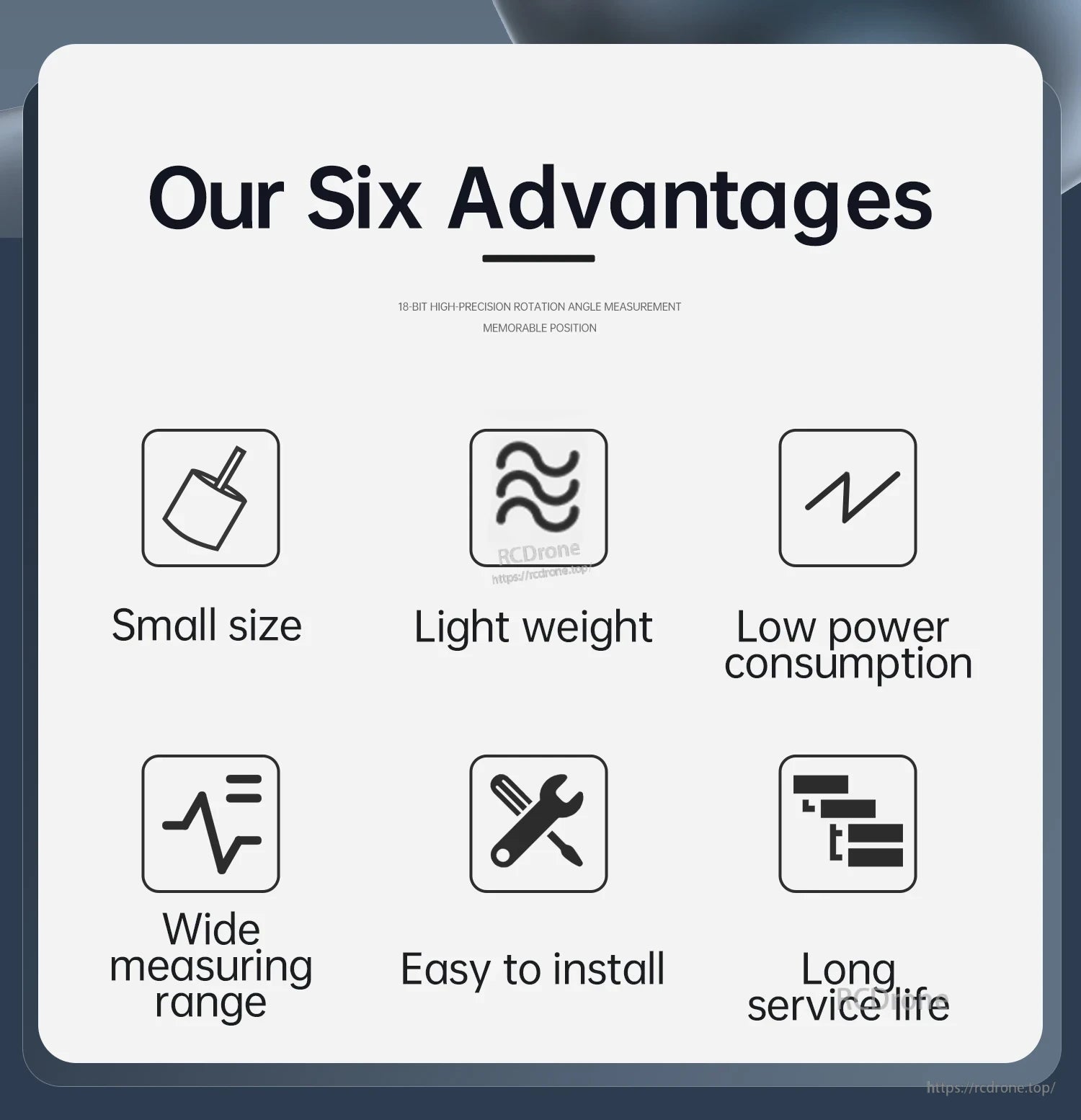 Infographic listing six advantages: small size, light weight, low power, wide range, easy install, long life