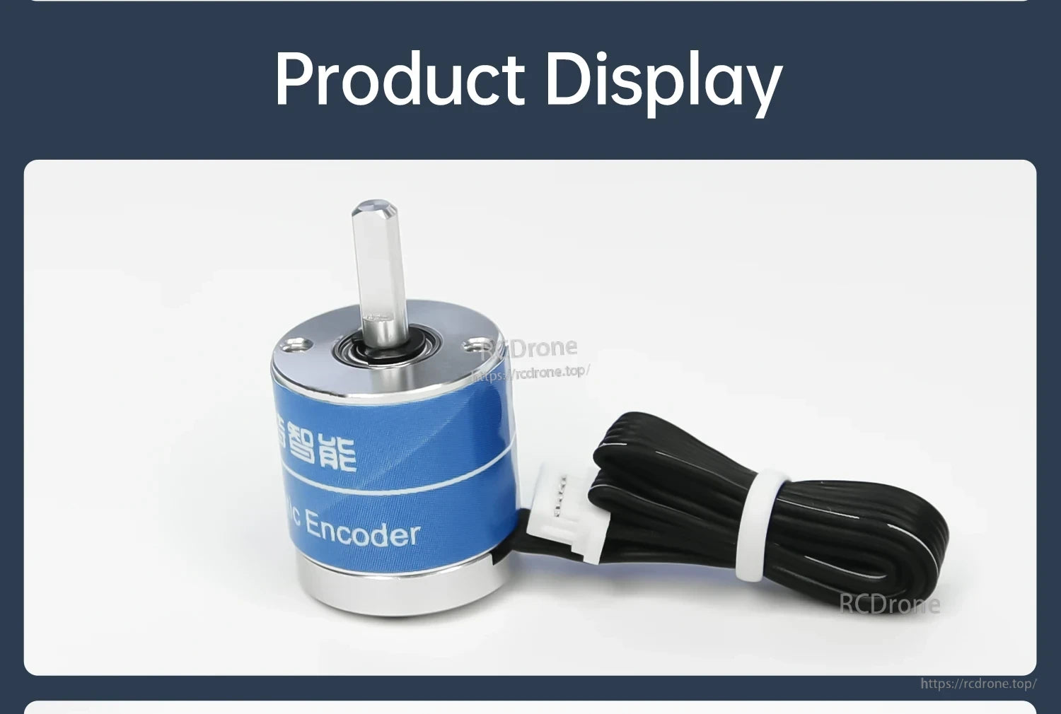 Product display of the rotary encoder module with attached cable and connector, blue label on aluminum body