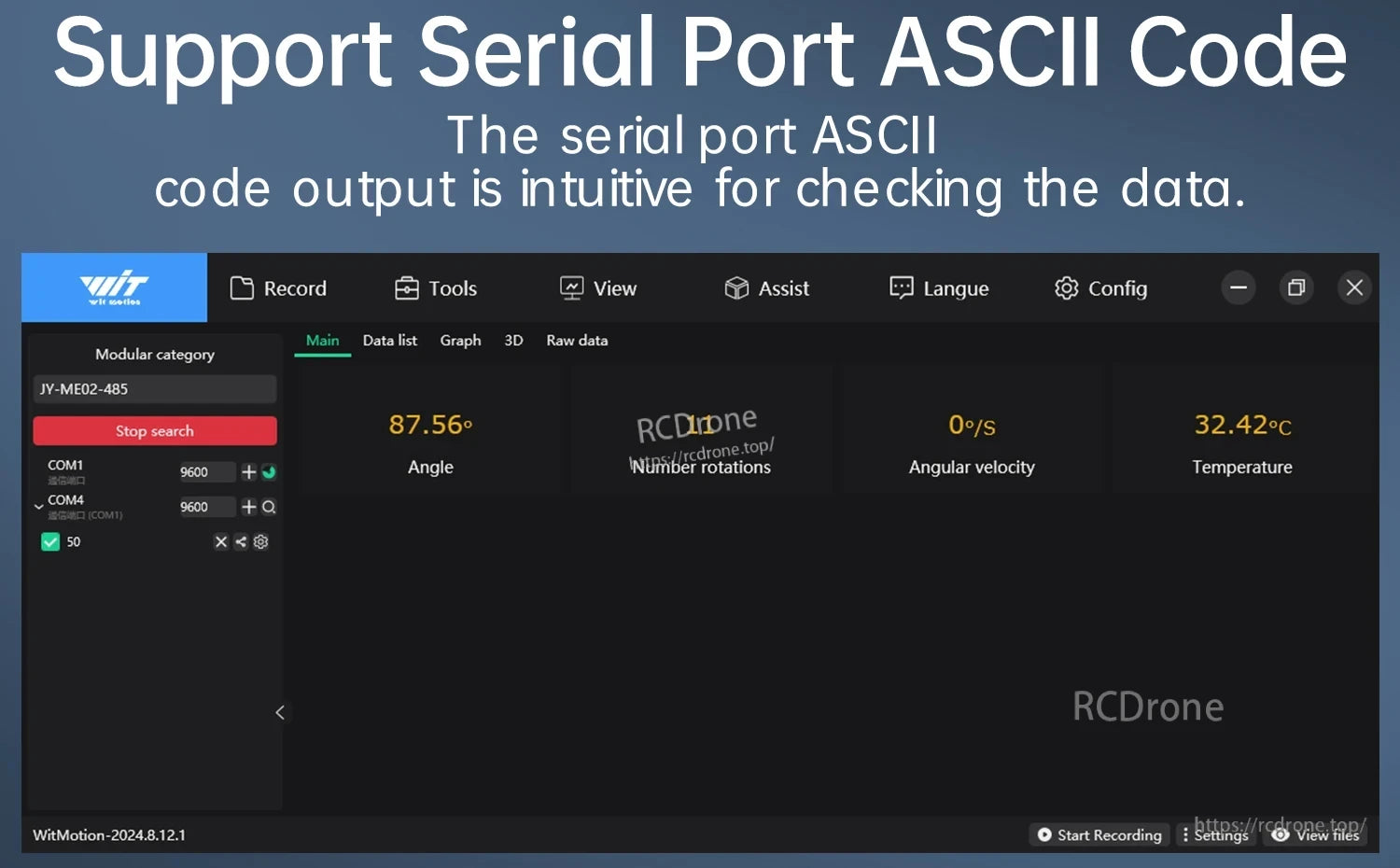 Serial port ASCII output screen for checking angle, rotations, angular velocity, and temperature values