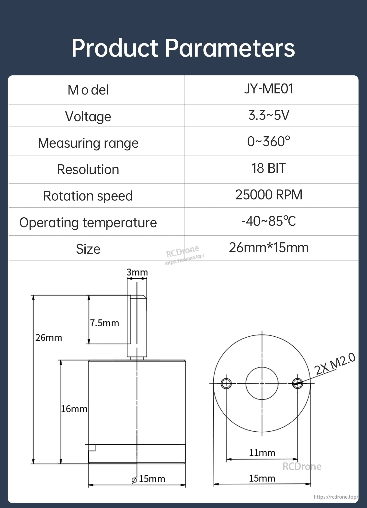 JY-ME01 parameter table and mechanical drawing with dimensions, mounting holes, and 0–360° range details