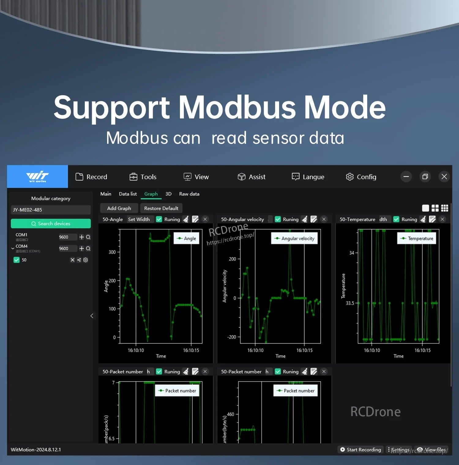 Modbus mode software screen reading sensor data such as angle, angular velocity, and temperature trends